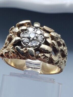 10k Gold Mens Nugget Ring w/ 7 Diamonds Cluster Vintage Neo Classic Luxury 6